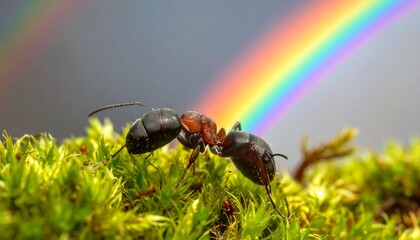 Macro shot of an ant on vibrant green moss with a stunning rainbow backdrop, creating a whimsical and colorful scene