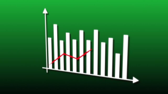 Modern white bar chart with red arrow on green gradient background showing growth and performance metrics. White Bar Chart with Red Arrow on Green Gradient Background graph data.