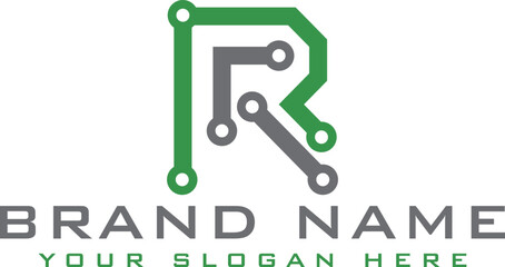 Tech R Logo, Green Geometric Shape rounded style isolated on white background ,usable for branding and business logos, flat design logo template, vector illustration