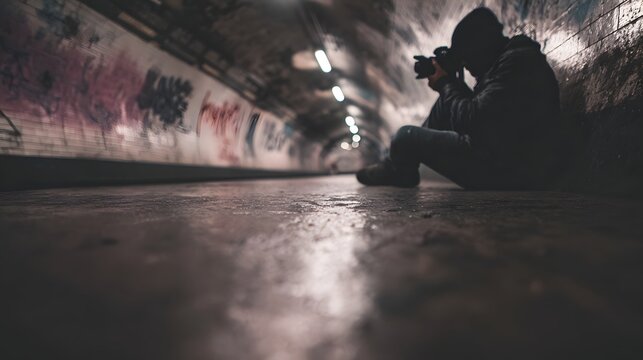 Photographer sits in a dark graffiti covered urban tunnel capturing the scene