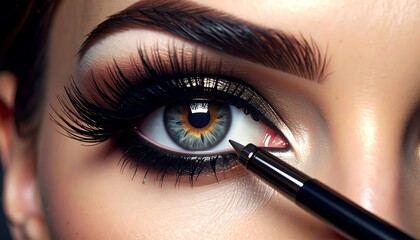 Macro shot of an eye, beautifully made up with dark eyeshadow, long lashes, and a defined brow. A makeup pencil hovers near lower lash line