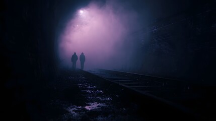Two silhouetted figures walk on train tracks in a dimly lit foggy purple tunnel