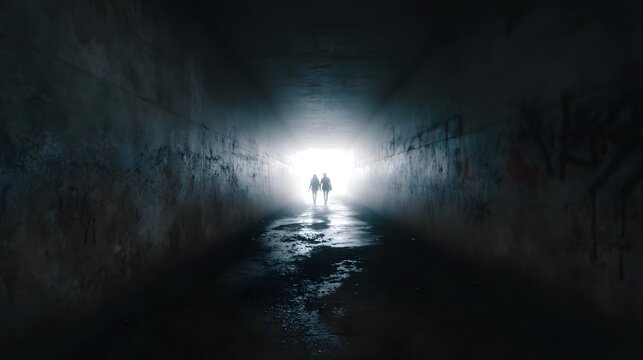 Two figures walk down a dark graffiti covered tunnel towards a bright light at the exit