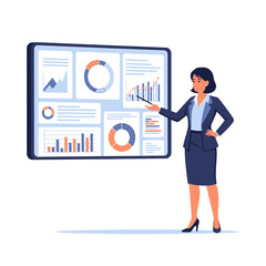 Businesswoman presenting data analysis on screen.