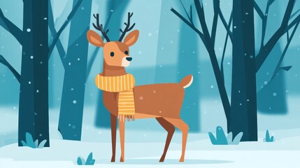 Cartoon deer in winter forest with snowfall and transparent background