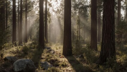 Sunlight streams through a dense forest, illuminating the trees and undergrowth