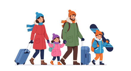 Happy family in warm winter clothes walking with luggage and a snowboard, heading for a holiday vacation