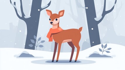 Cartoon deer in winter wonderland with orange scarf and snowflakes