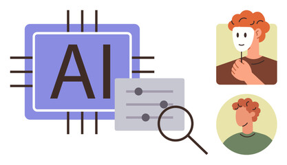 AI chip with circuits, magnifier over adjustment sliders, person holding mask, and human face. Ideal for AI, ethics, technology, innovation decision-making identity and automation. A simple flat