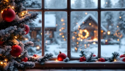 Festive Christmas Garland with matte red ornaments and soft, cool white lights adorning a snow-covered window frame, winter holiday scene, frosted glass effect