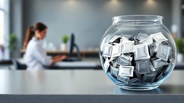 Neatly packed silver condom wrappers in glass bowl on grey reception desk with clarity