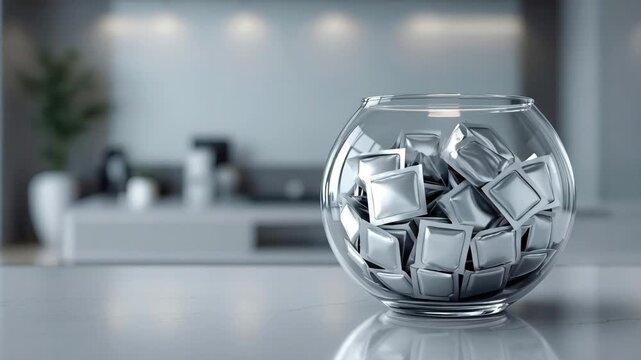 Glass container with silver condom wrappers on modern counter in clean healthcare interior