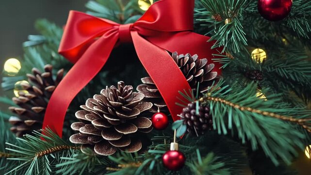 holiday wreath with pine cones and red ribbons, festive and natural, focus on texture and seasonal beauty