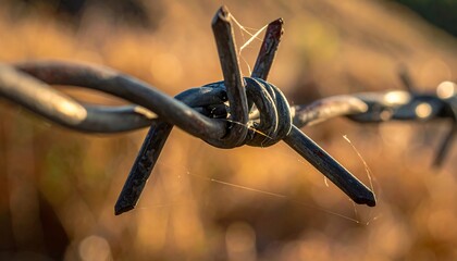 Macro shot of barbed wire with rusted points, strands connected in a twist, and blurred background showing natural light