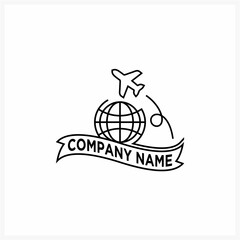 Simple line drawing of a worldwide airline and travel company symbol, featuring an aircraft orbiting a planet. 161