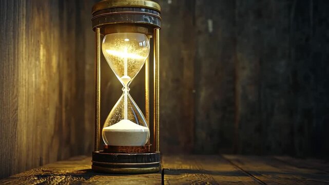 hourglass on textured wooden surface under glowing soft light, isolated serene background, intricate details, symbolic representation of time and continuity, tranquil focus