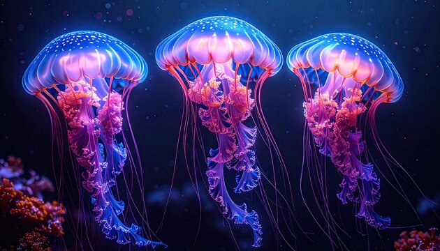 Three ethereal glowing jellyfish with long tentacles in dark ocean depths.