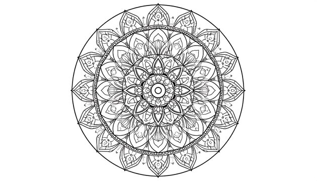 Intricate, symmetrical black and white circular artwork, featuring a detailed floral design with radiating patterns and layers