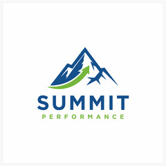 Modern vector logo design symbolizing business success and growth, featuring a dynamic mountain peak with an upward trending arrow for peak performance achievement