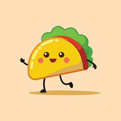 A cheerful and energetic cartoon taco character with a happy face and arms and legs is joyfully dancing and moving with a playful and fun expression on a light orange background