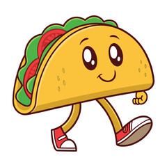 A cheerful anthropomorphic taco character with big eyes and a smile happily walking with its arms and legs representing fun and delicious food