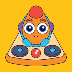 A cheerful cartoon slice of pizza wearing headphones and looking like a dj with two turntables and a red ball on a bright yellow background