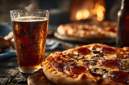 Glass of beer beside a pizza on the dining table