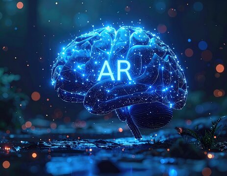Futuristic glowing brain with AR text representing augmented reality technology and digital intelligence.