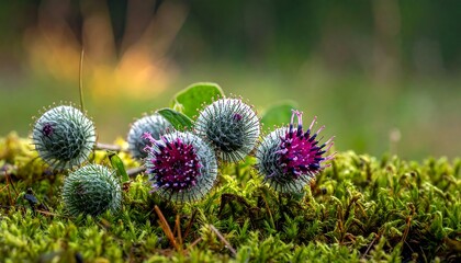 Macro shot of burdock seed heads on a bed of vibrant green moss with a blurred green background. Purple flower detail