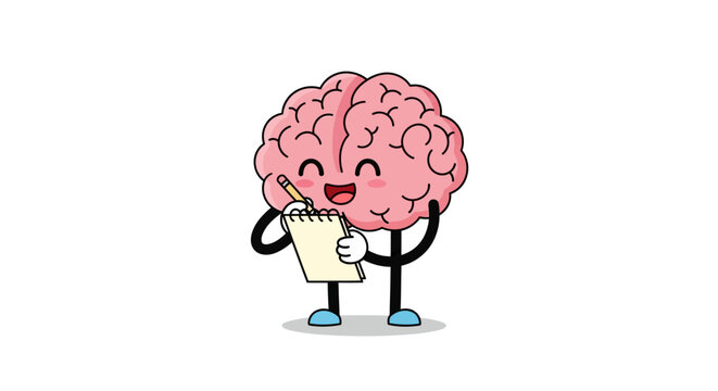 A cheerful, smiling cartoon brain character holding a notepad and pen, appearing to write or take notes with a happy expression and raised arm