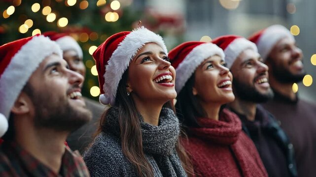 Medium shot of a group of people wearing Santa hats, gathered around a Christmas tree and singing holiday carols.