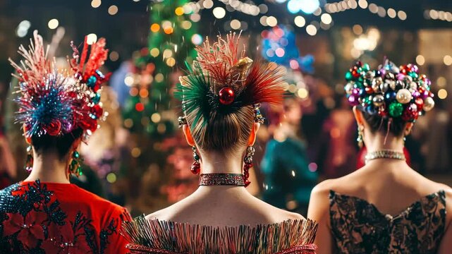 Wide shot of a holiday-themed fashion show featuring different festive hair accessories, with models walking down a decorated runway.