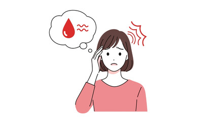 Woman suffering from dehydration, illustrated with a blood drop and wavy lines indicating heat, and a headache symbol