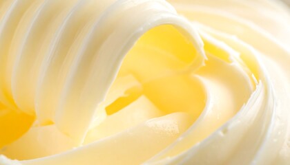 Macro shot of creamy, light-yellow dairy product, swirled and sculpted, reflecting light with smooth texture