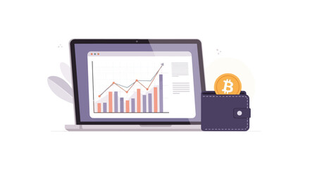 Digital currency growth chart on a laptop with a bitcoin wallet, illustrating financial investment and market trends