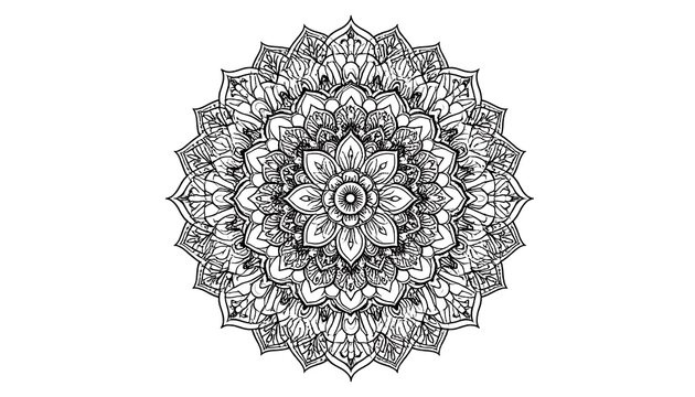Intricate, symmetrical black and white circular illustration, featuring a central floral design and elaborate repeating patterns