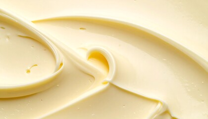 Macro shot of creamy, swirled, yellow food product, smooth and glossy with highlights and shadows creating depth