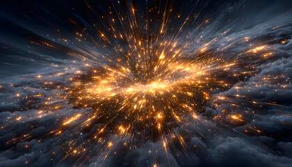 Fiery starburst radiates brilliant light and fast motion streaks. Abstract explosion with bright orange and yellow sparks against dark cloudy sky. Dynamic energy effect creating speed blur background.