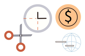 Scissors cutting clock, dollar inside circle, globe with bars. Ideal for time management, cost reduction, budgeting, global savings, decision-making, resource allocation simple flat metaphor