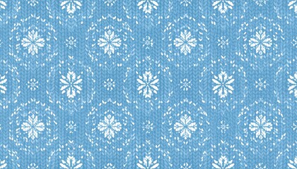 Light blue, knitted fabric repeating snowflake-like patterns in white, creating a charming, winter-themed surface. Suitable for seasonal design