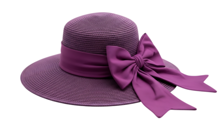 Elegant purple straw sun hat with a large bow isolated on transparent background