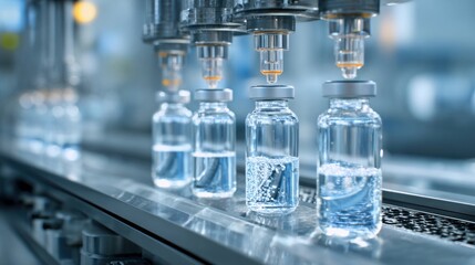 Pharmaceutical factory production line with glass vials being filled with clear liquid medicine in modern sterile laboratory environment