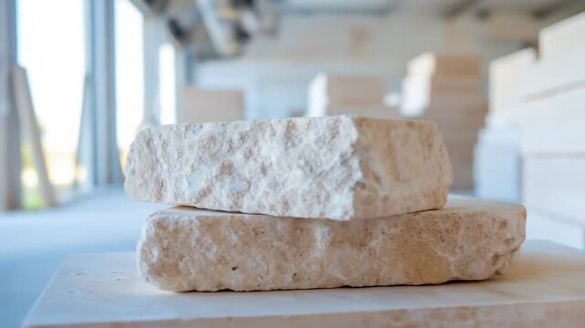 Natural light illuminates rough texture of stacked stone blocks in industrial setting