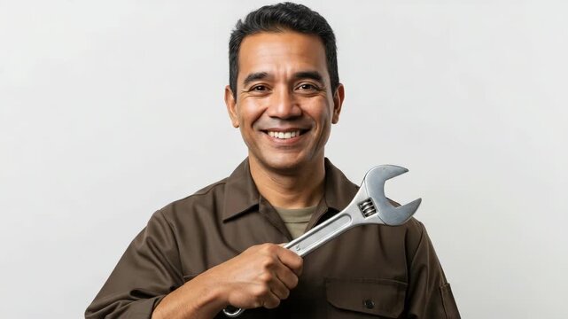 Smiling Asian mechanic holding a wrench in a work uniform indoors  