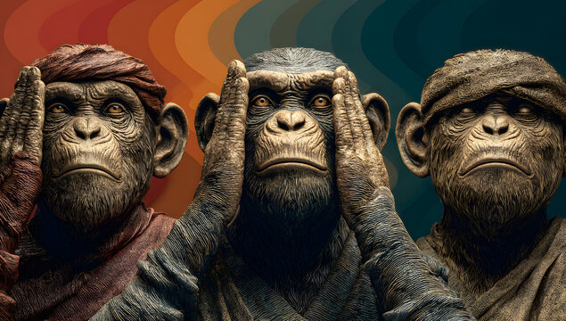 Three Wise Monkeys Statues: epic statement of Mahatma Gandhi See No Evil, Hear No Evil, Speak No Evil; Abstract Orange and Green Wave Background.