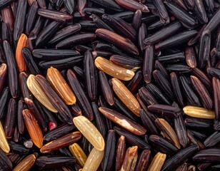 Macro shot of dark-colored, long-grain edible seeds with various brown, orange, and yellow hues, creating a textured, visually interesting pattern