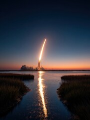 A dramatic rocket launch illuminates the night sky, reflecting on water, highlighting the power of space exploration.