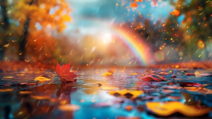 雨上がりの虹と、濡れた地面の紅葉