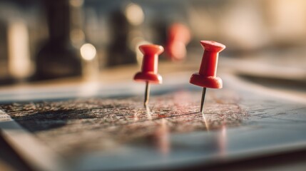 A close-up of red pushpins on a map, highlighting specific locations, with a soft-focus background enhancing the visual depth.