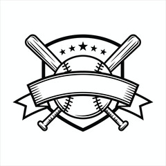 Baseball Emblem with Blank Banner and Crossed Bats Line Art